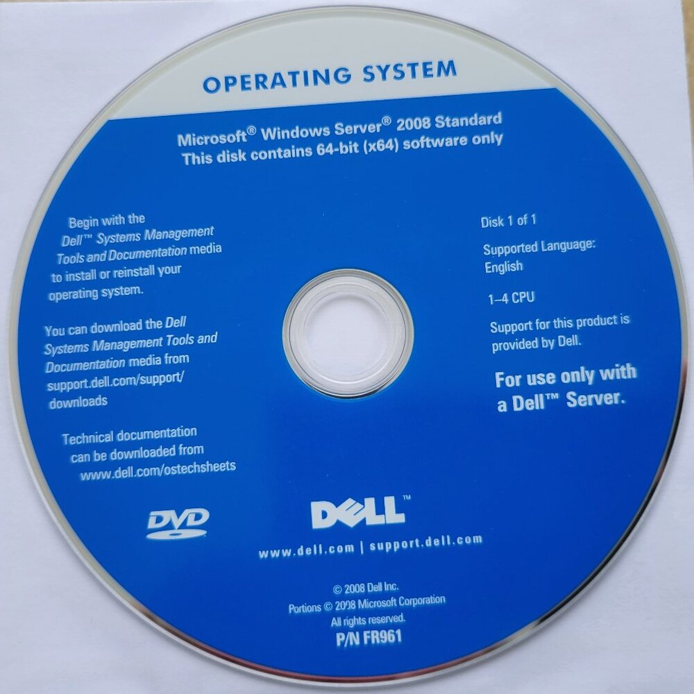 Microsoft Windows Server 2008 Standard 64-bit (x64) DVD P/N FR961